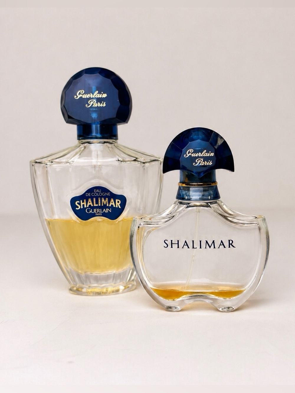 Vintage Guerlain Shalimar Bottle Set Spray w Blue Caps
